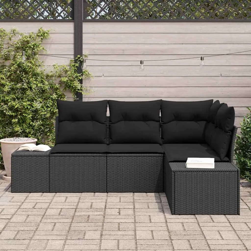 Modular Garden Sofa Set 4 Piece Poly Rattan Acacia Wood Black Outdoor Furniture