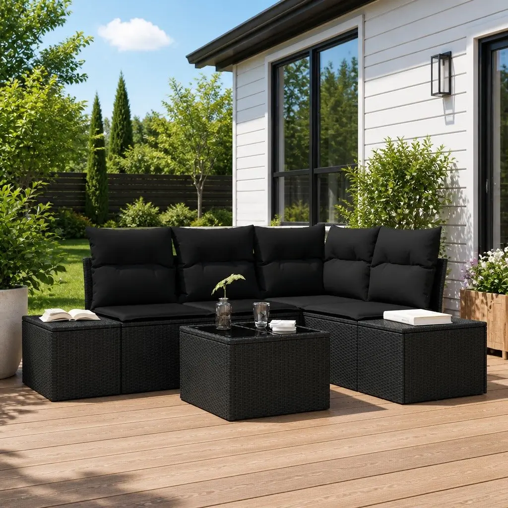Modular Garden Sofa Set Poly Rattan Solid Acacia Wood Outdoor Furniture Black