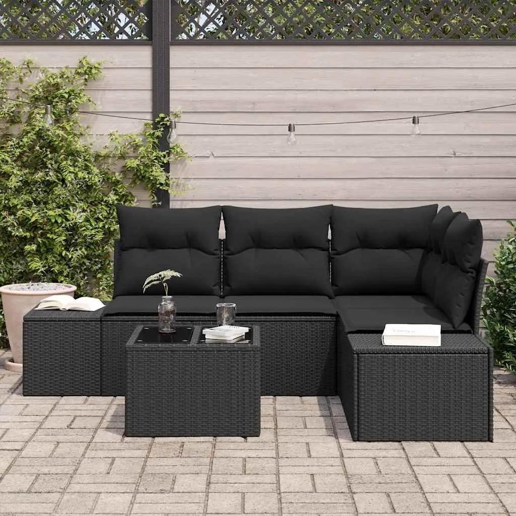 Modular Garden Sofa Set Poly Rattan Solid Acacia Wood Outdoor Furniture Black