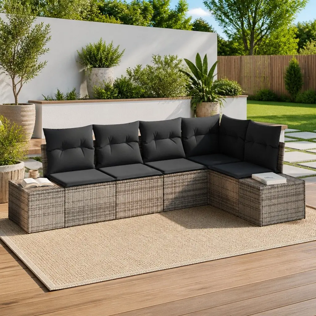 Outdoor Garden Sofa Set Modular Grey Poly Rattan and Solid Acacia Wood 5 Piece Lounge Patio Furniture