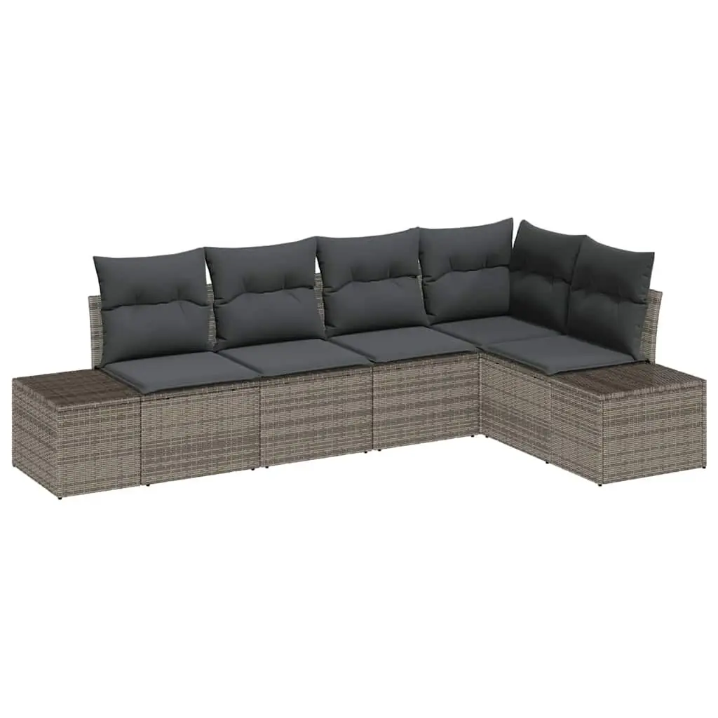 Outdoor Garden Sofa Set Modular Grey Poly Rattan and Solid Acacia Wood 5 Piece Lounge Patio Furniture