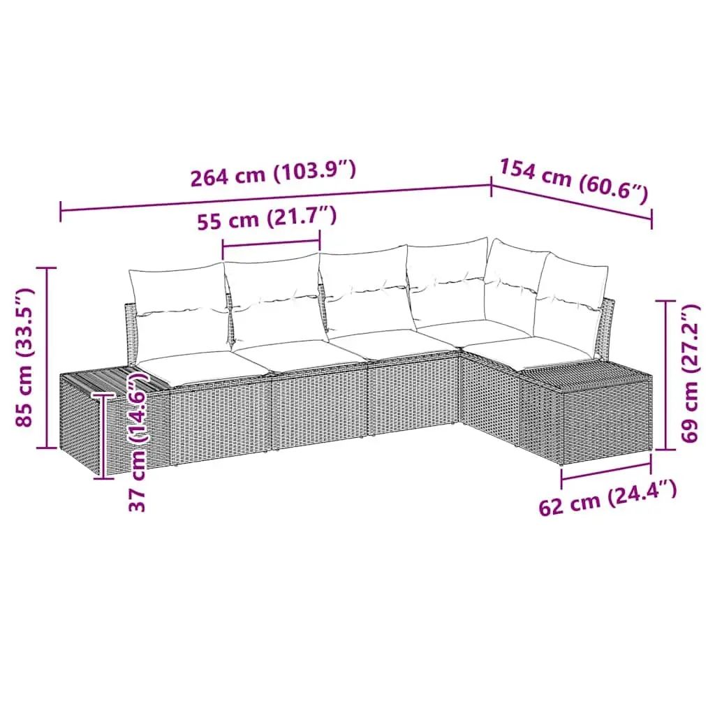 Outdoor Garden Sofa Set Modular Grey Poly Rattan and Solid Acacia Wood 5 Piece Lounge Patio Furniture