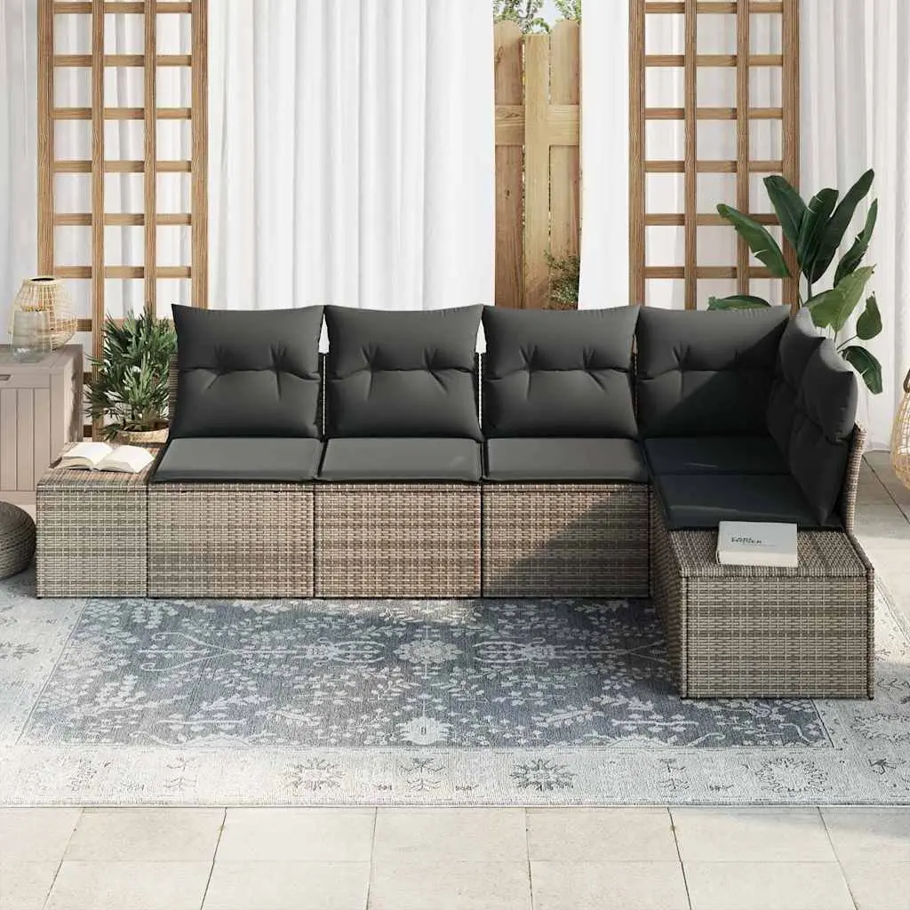 Outdoor Garden Sofa Set Modular Grey Poly Rattan and Solid Acacia Wood 5 Piece Lounge Patio Furniture