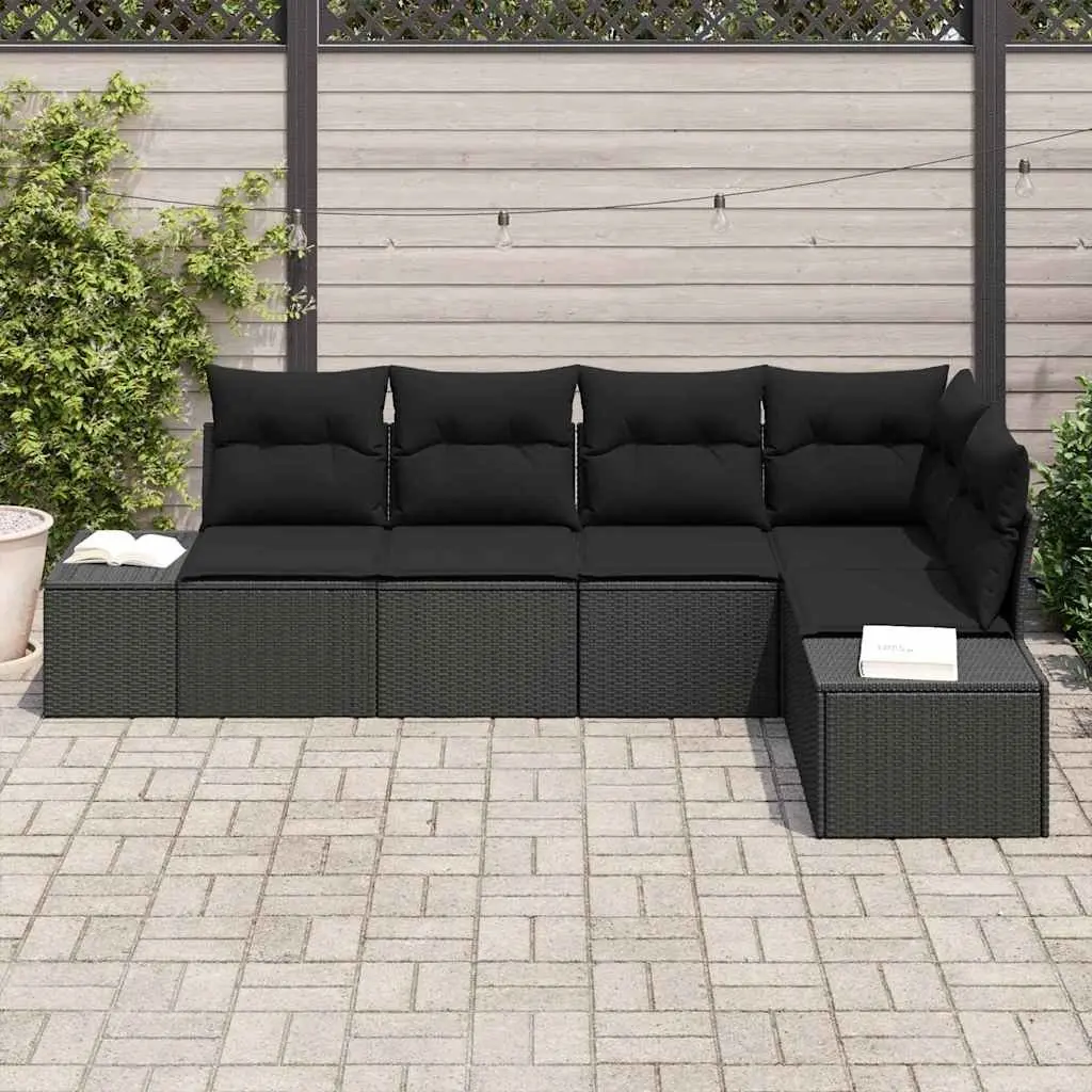 Modular Outdoor Garden Sofa Set 5 Pieces Poly Rattan Acacia Wood Black