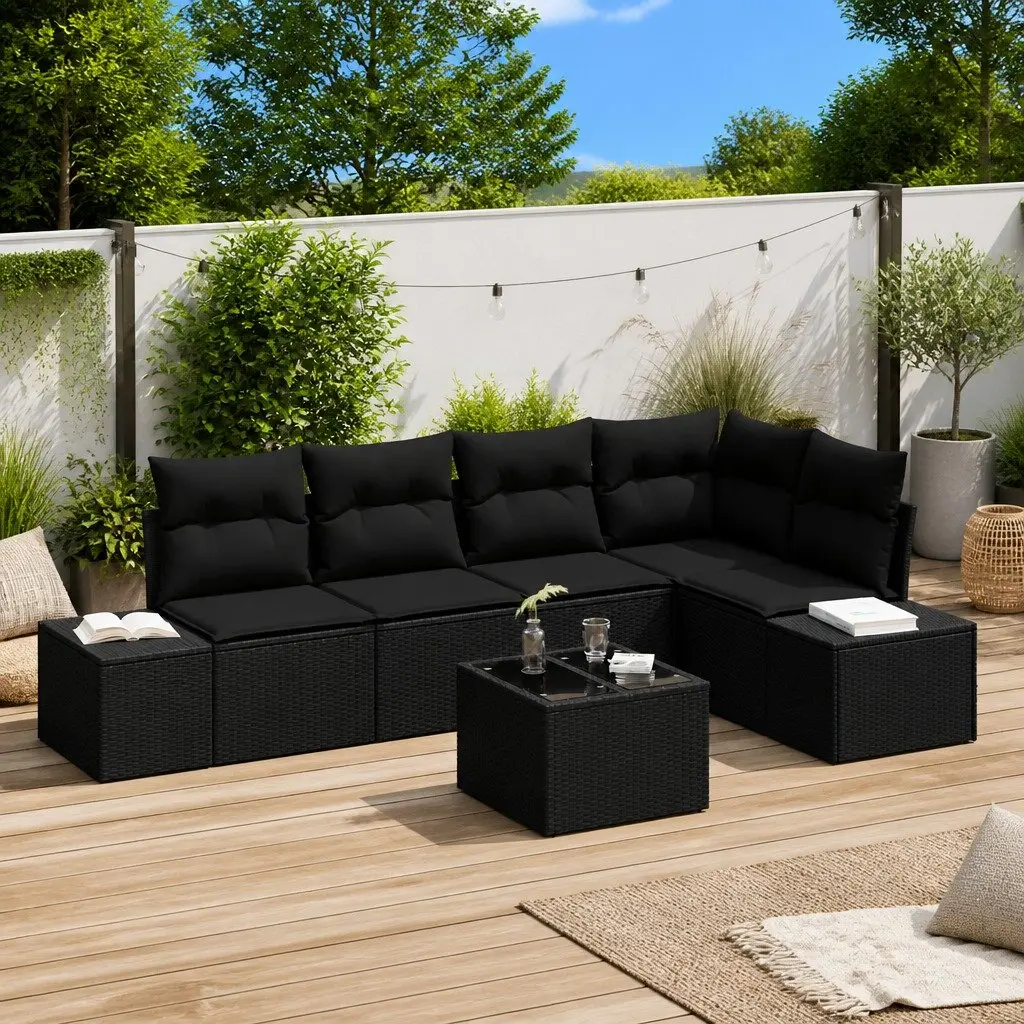 Garden Sofa Set Modular Poly Rattan Acacia Wood Outdoor Furniture Black