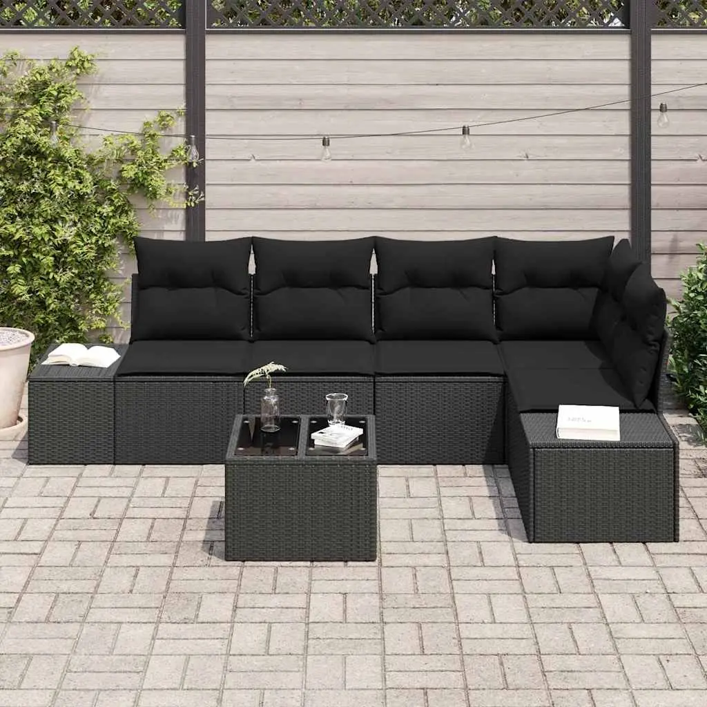 Garden Sofa Set Modular Poly Rattan Acacia Wood Outdoor Furniture Black