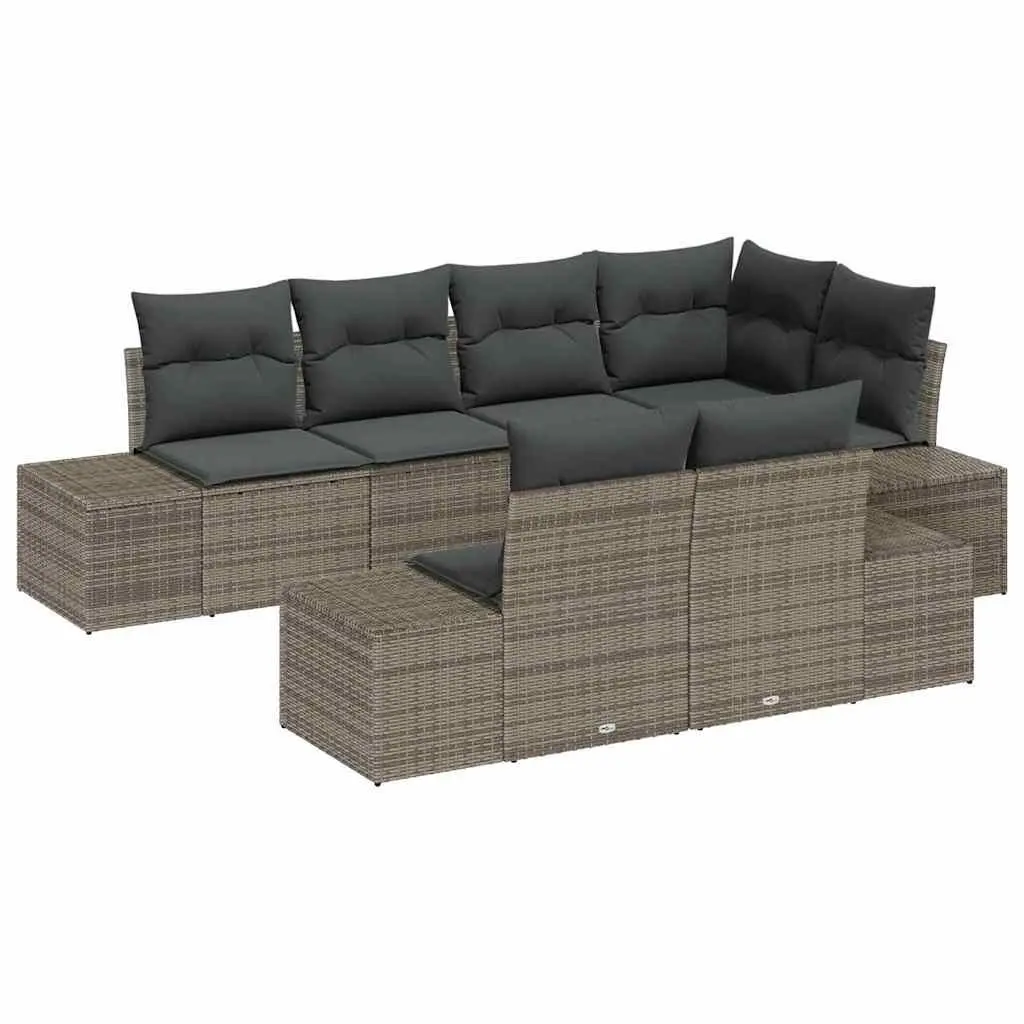 Garden Sofa Set Poly Rattan Solid Acacia Wood 7 Piece Grey Outdoor Modular Furniture