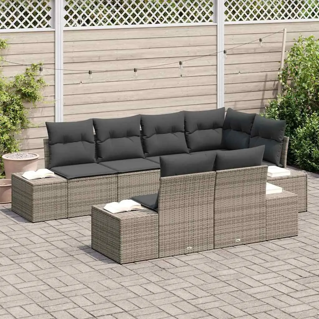 Garden Sofa Set Poly Rattan Solid Acacia Wood 7 Piece Grey Outdoor Modular Furniture