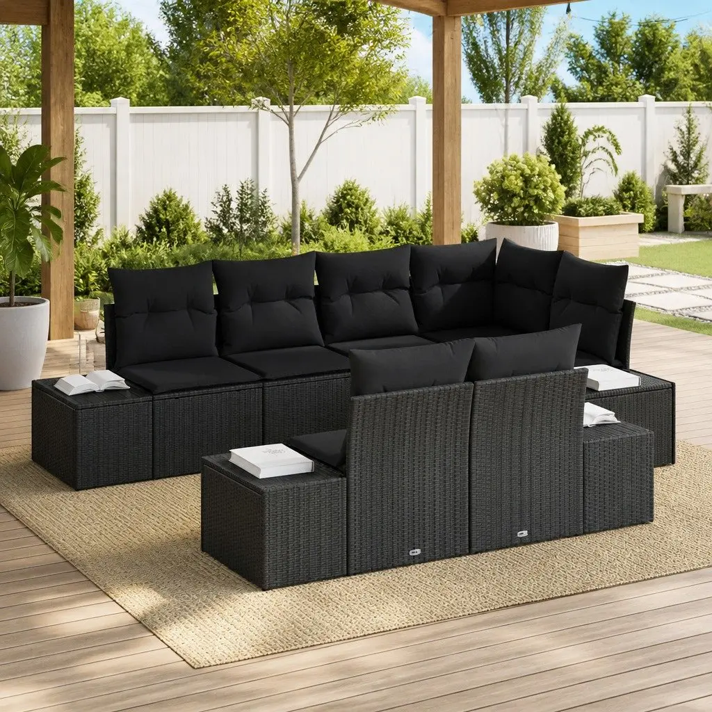 Modular Garden Sofa Set Poly Rattan 7 Piece Black Acacia Wood Outdoor Seating