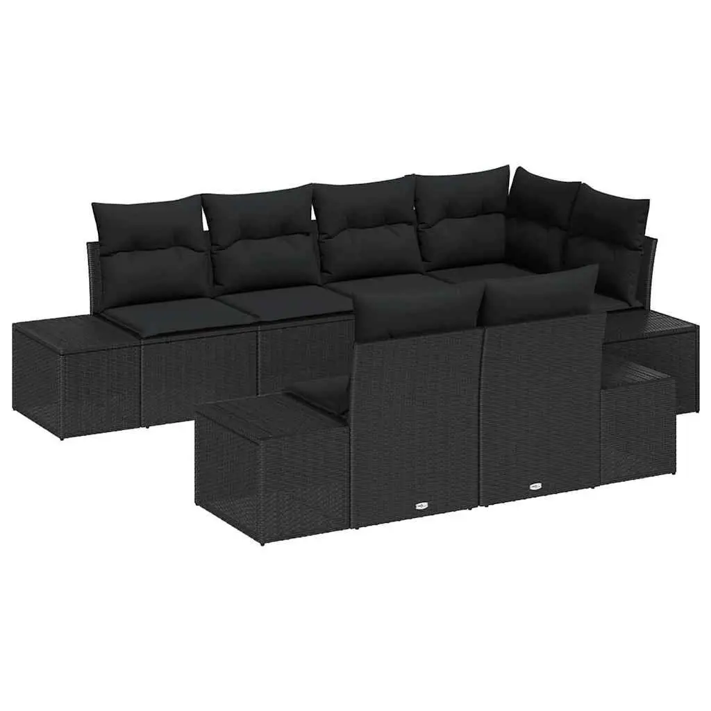 Modular Garden Sofa Set Poly Rattan 7 Piece Black Acacia Wood Outdoor Seating