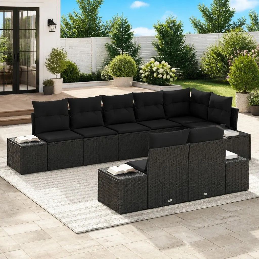 8 Piece Modular Outdoor Sofa Set Poly Rattan Acacia Wood Black Weather Resistant with Storage Bag