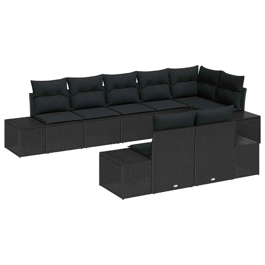 8 Piece Modular Outdoor Sofa Set Poly Rattan Acacia Wood Black Weather Resistant with Storage Bag