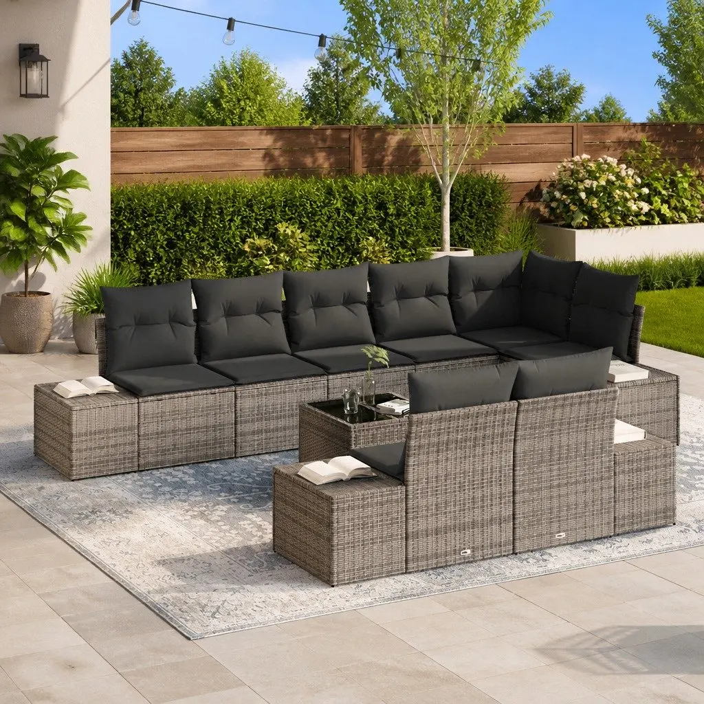 Modular Garden Sofa Set Poly Rattan Grey Solid Acacia Wood with Storage Bag