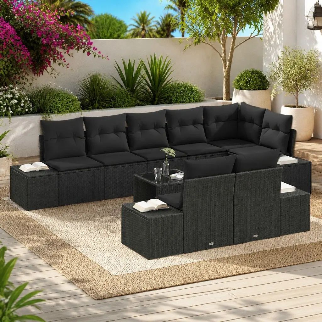 Modular Garden Sofa Set Poly Rattan Acacia Wood Black Outdoor Furniture