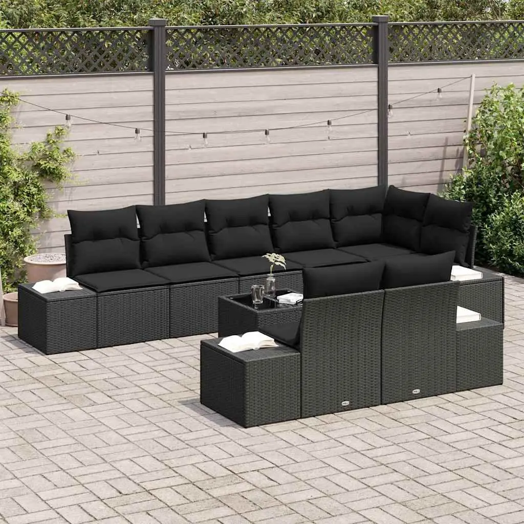 Modular Garden Sofa Set Poly Rattan Acacia Wood Black Outdoor Furniture
