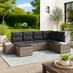 Outdoor Sofa Set 6 Piece Garden Lounge Furniture Grey Poly Rattan Modular