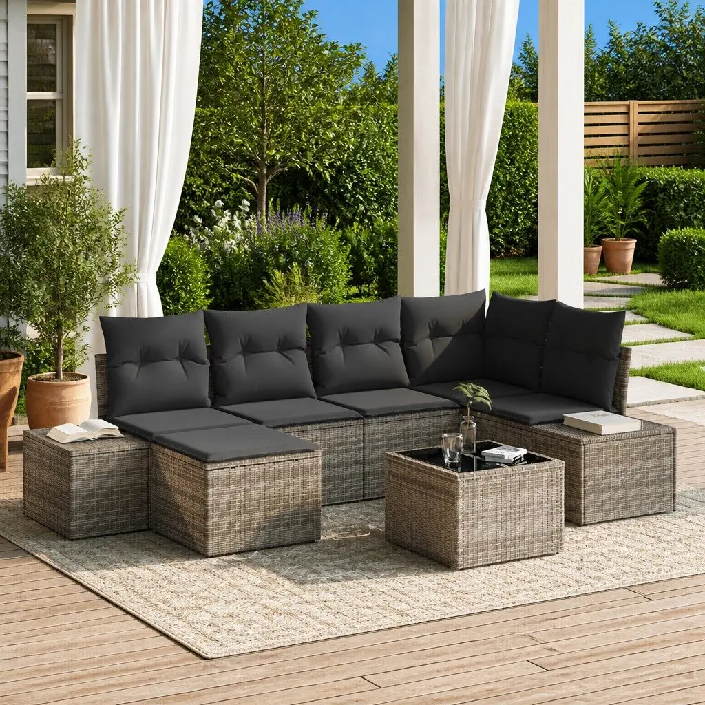 Garden Sofa Set Poly Rattan 6 Piece Outdoor Furniture Grey Modular Cushioned Seating