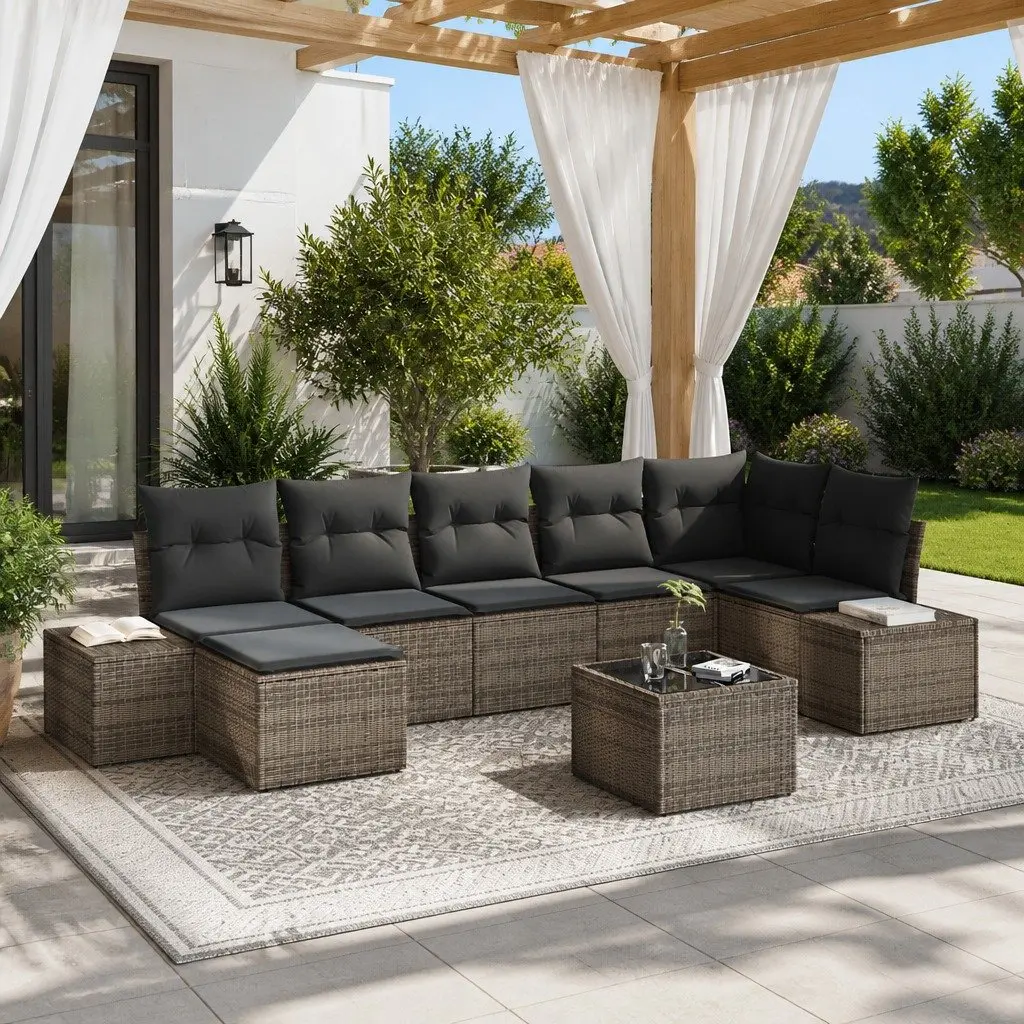 Garden Sofa Set Modular Outdoor Sectional 7 Piece Grey Poly Rattan Powder-coated Steel