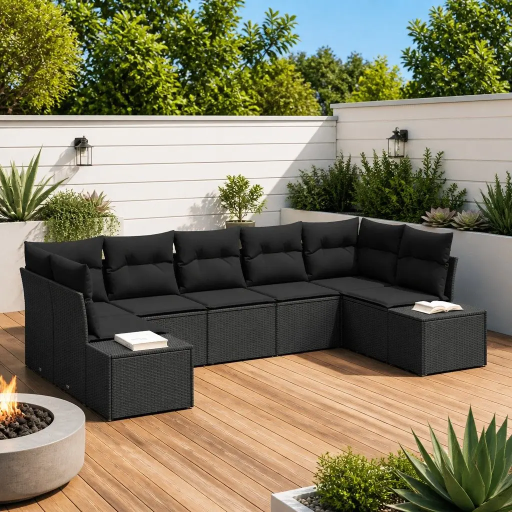 Outdoor Sofa Set Modular Poly Rattan 7 Pieces Black