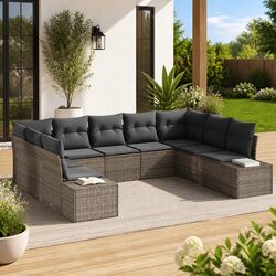 Garden Sofa Set Modular Outdoor Seating 9 Piece Grey Poly Rattan with Cushions