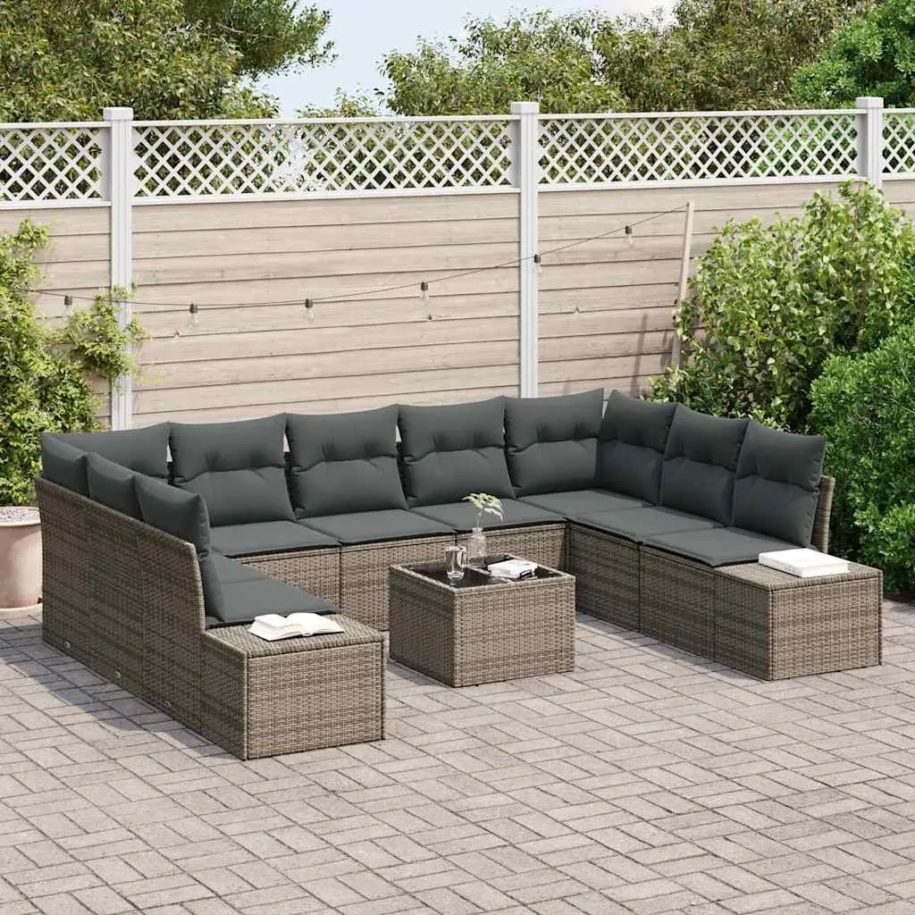 Modular Garden Sofa Set 9 Pieces Poly Rattan Grey Outdoor Cushioned