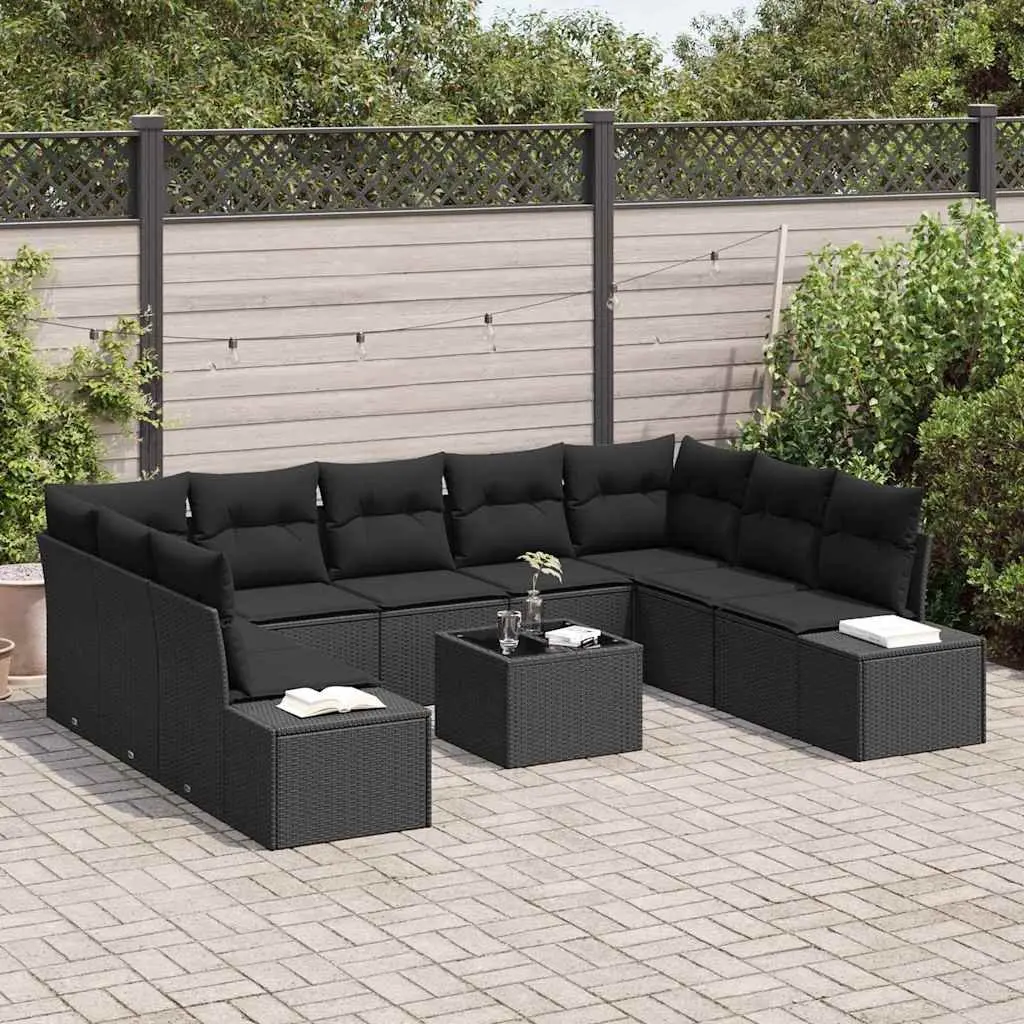 Outdoor Modular Garden Sofa Set 9 Pieces Black Poly Rattan with Cushions