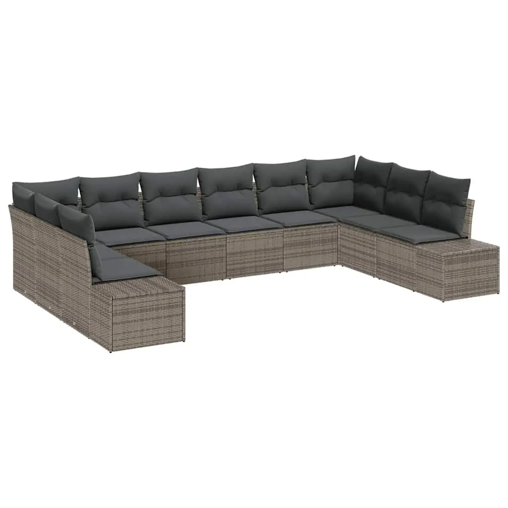 Modular Garden Sofa Set 10 Pieces Grey Poly Rattan Outdoor Seating with Cushions