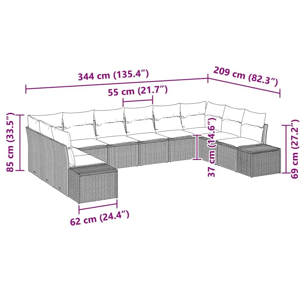 Modular Garden Sofa Set 10 Pieces Grey Poly Rattan Outdoor Seating with Cushions