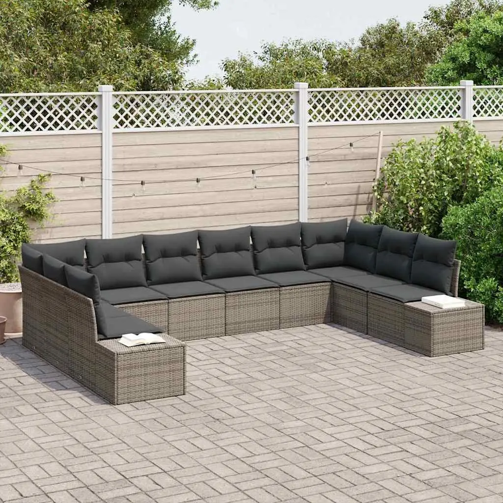 Modular Garden Sofa Set 10 Pieces Grey Poly Rattan Outdoor Seating with Cushions