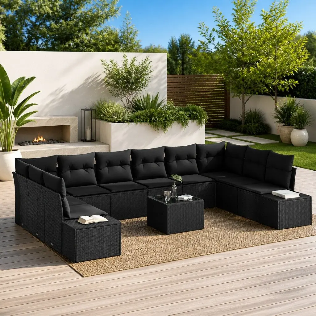 Outdoor Garden Sofa Set 10 Piece Modular Black Poly Rattan Patio Seating with