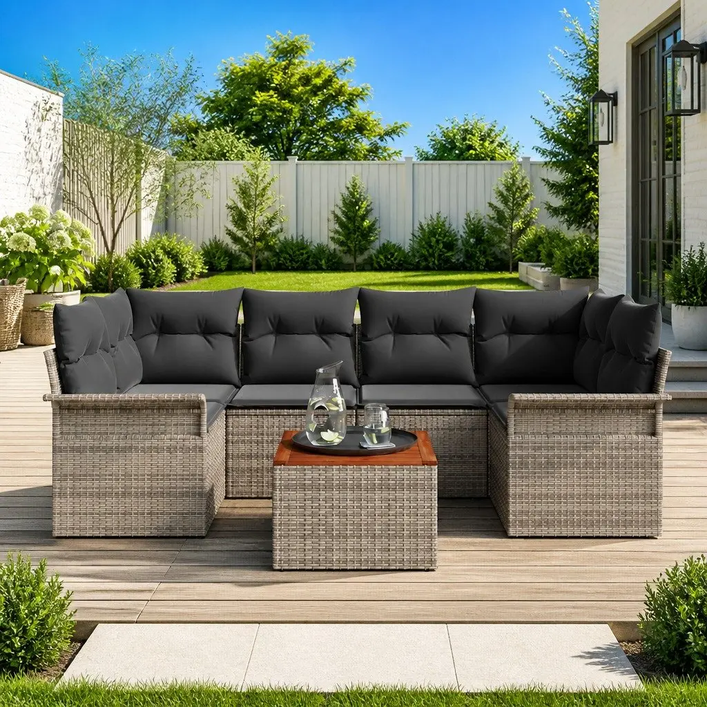 Modular Garden Sofa Set Grey Poly Rattan 7 Piece Outdoor Seating Corner Lounge