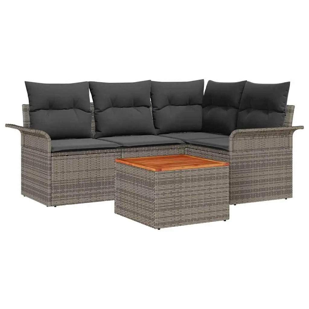 5 Piece Outdoor Garden Sofa Set Modular Grey Poly Rattan with Solid Acacia Wood