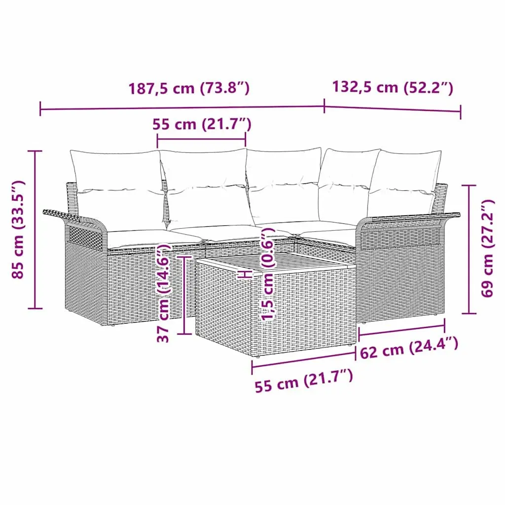 5 Piece Outdoor Garden Sofa Set Modular Grey Poly Rattan with Solid Acacia Wood