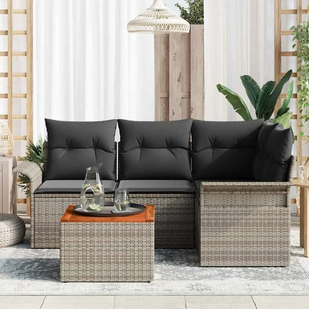 5 Piece Outdoor Garden Sofa Set Modular Grey Poly Rattan with Solid Acacia Wood