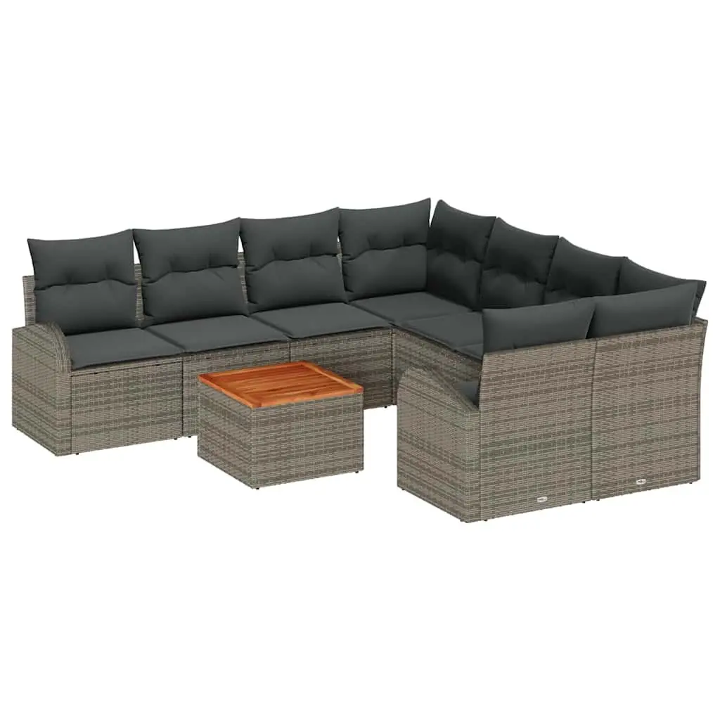 9 Piece Modular Grey Poly Rattan Outdoor Sofa Set with Acacia Wood Table