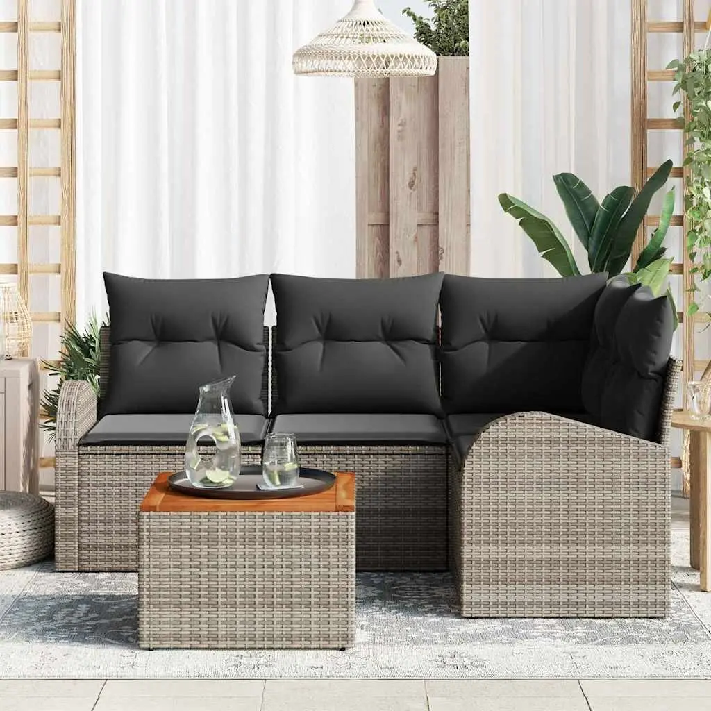 Modular Outdoor Garden Sofa Set Poly Rattan 5 Piece Grey with Solid Acacia Wood Table and Foam Cushions