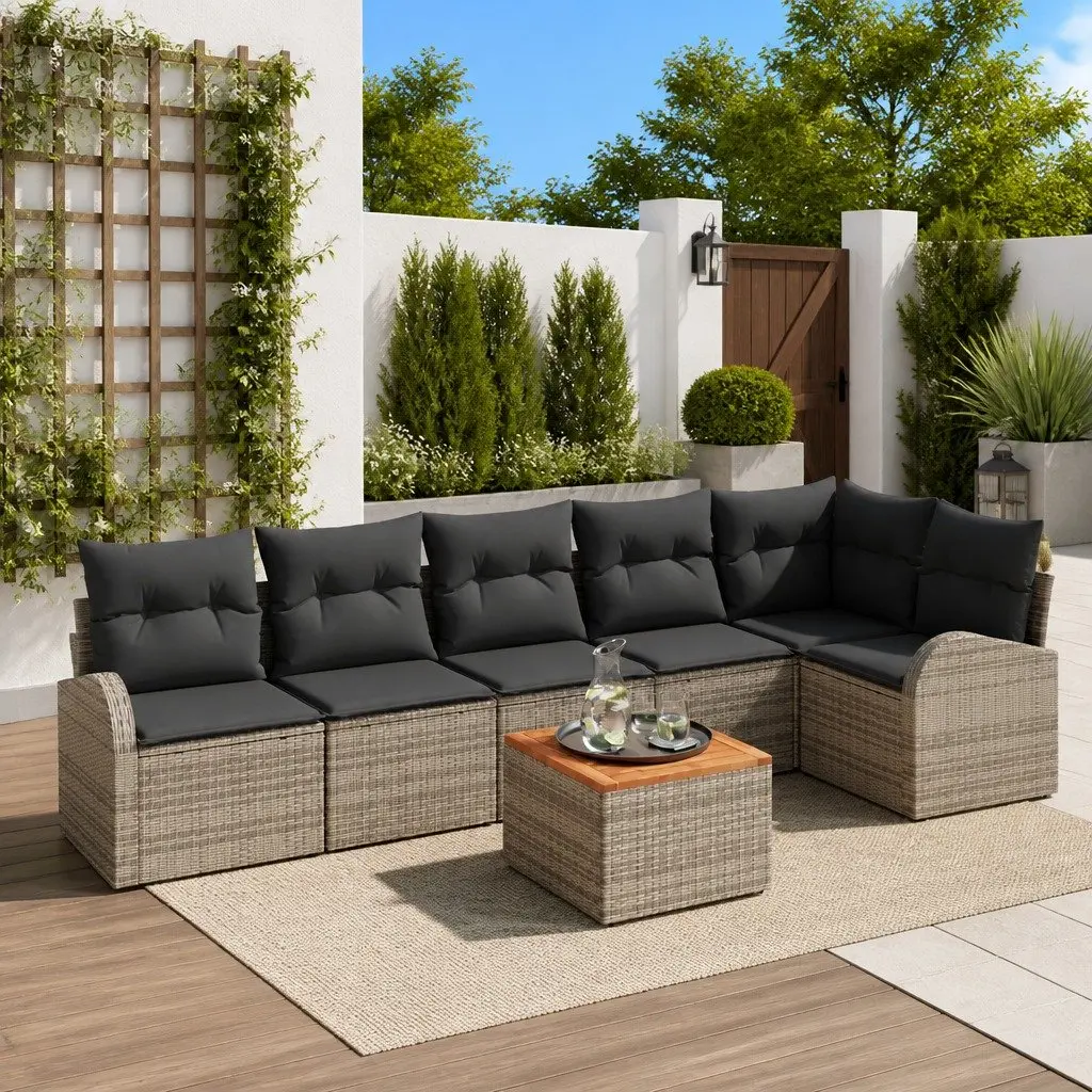 7 Piece Outdoor Modular Sofa Set Grey Poly Rattan Acacia Wood Patio Furniture