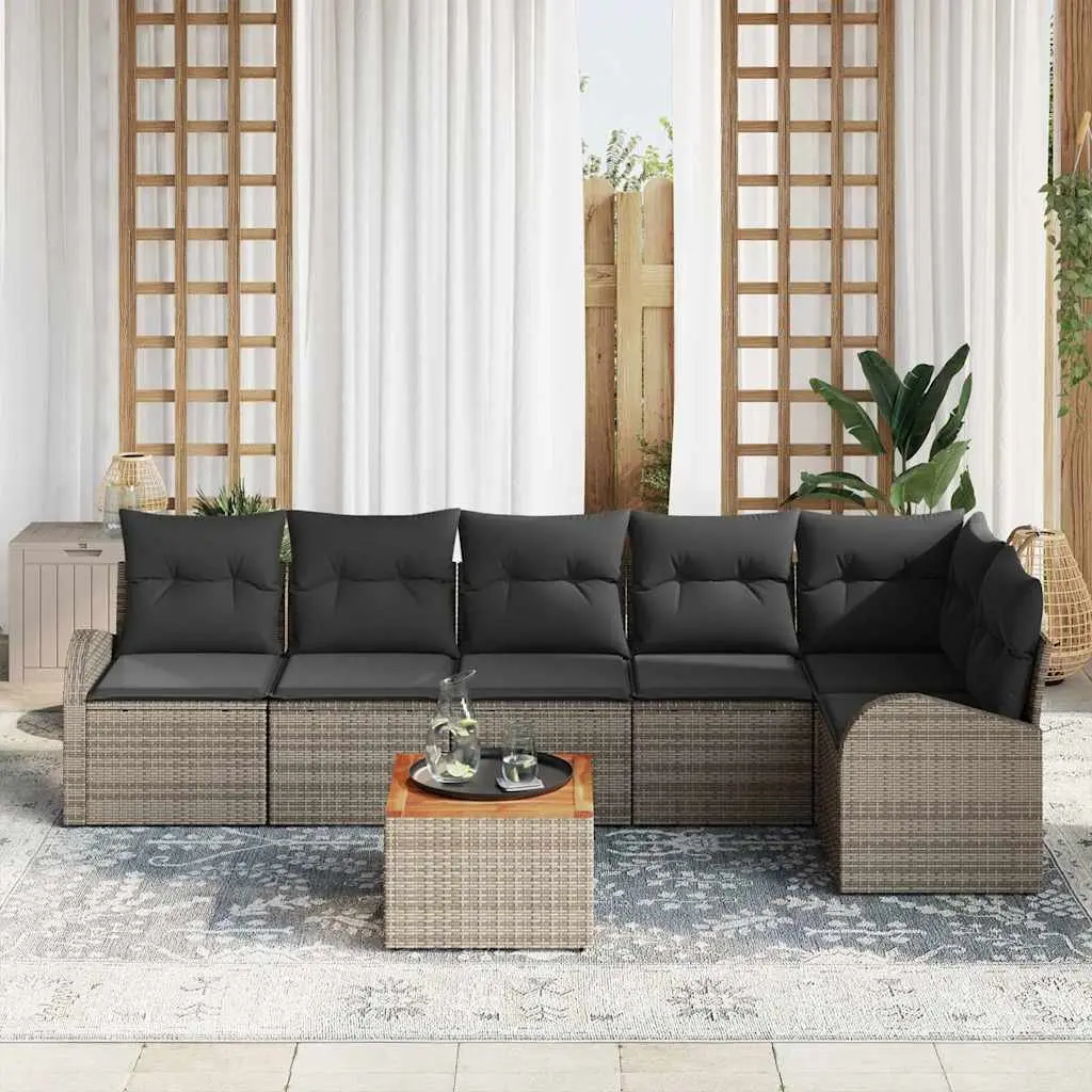 7 Piece Outdoor Modular Sofa Set Grey Poly Rattan Acacia Wood Patio Furniture