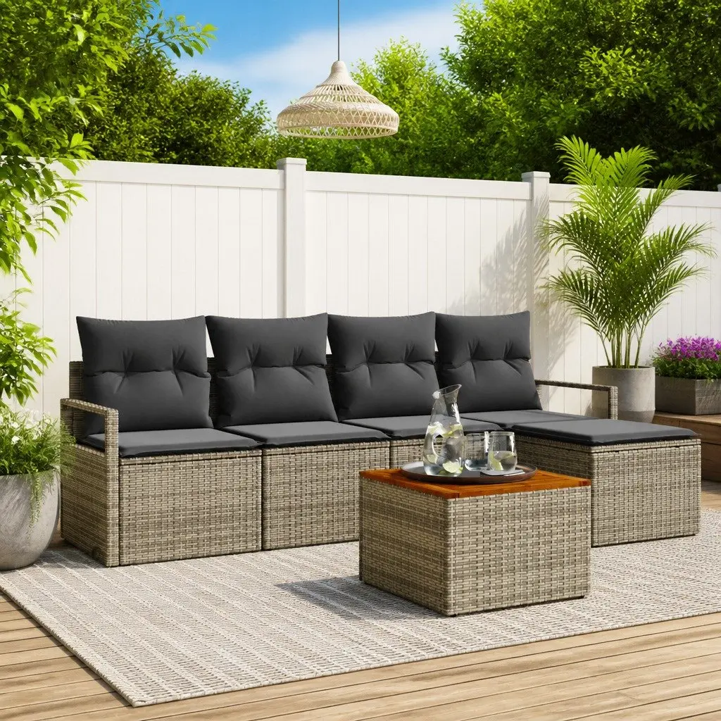Modular Garden Sofa Set Poly Rattan Acacia Wood Frame Grey 6 Piece Outdoor Furniture