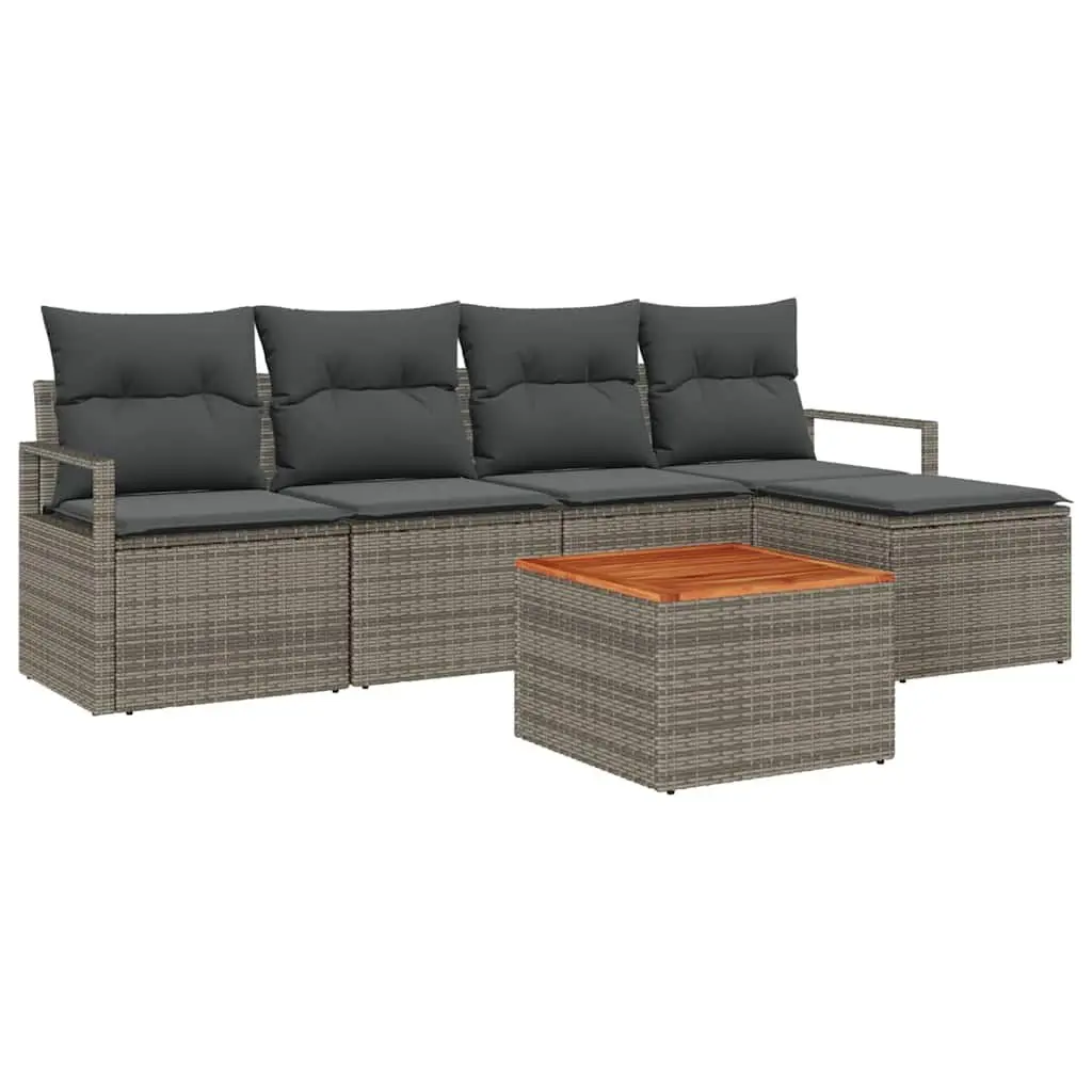 Modular Garden Sofa Set Poly Rattan Acacia Wood Frame Grey 6 Piece Outdoor Furniture