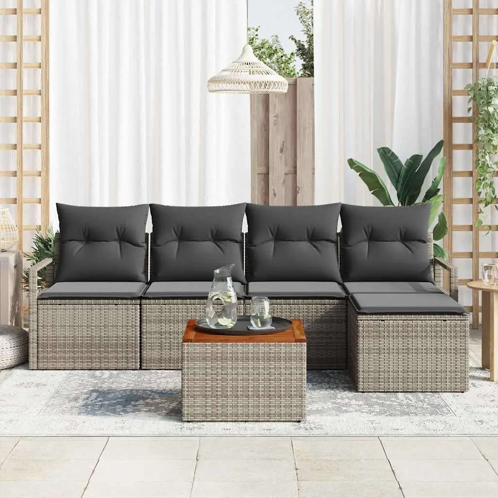 Modular Garden Sofa Set Poly Rattan Acacia Wood Frame Grey 6 Piece Outdoor Furniture