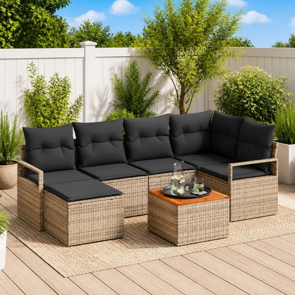 Garden Sofa Set Modular Poly Rattan 7 Pieces Grey Outdoor Furniture with Storage