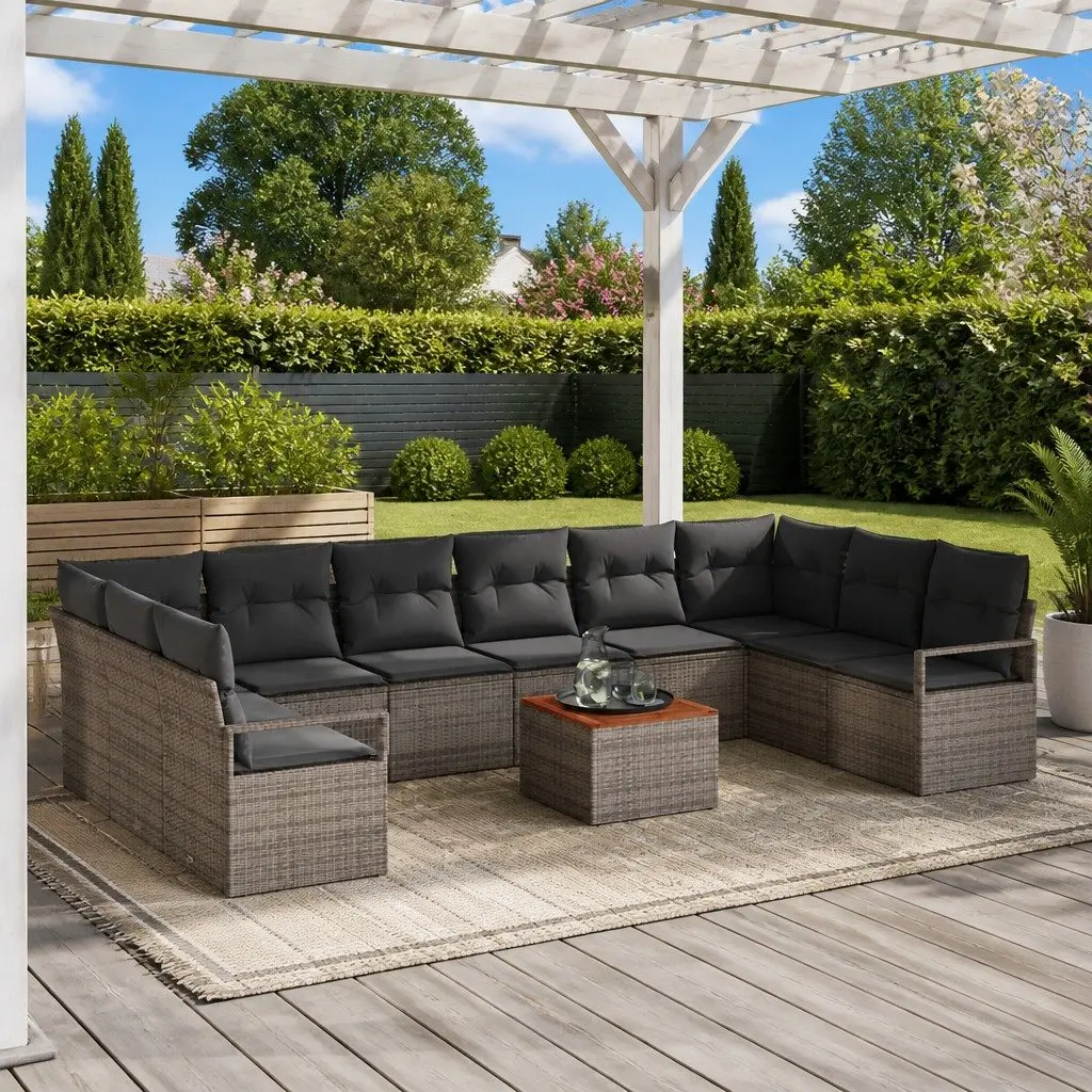Modular Garden Sofa Set Poly Rattan Acacia Wood 11 Pieces Grey Outdoor Sectional Furniture