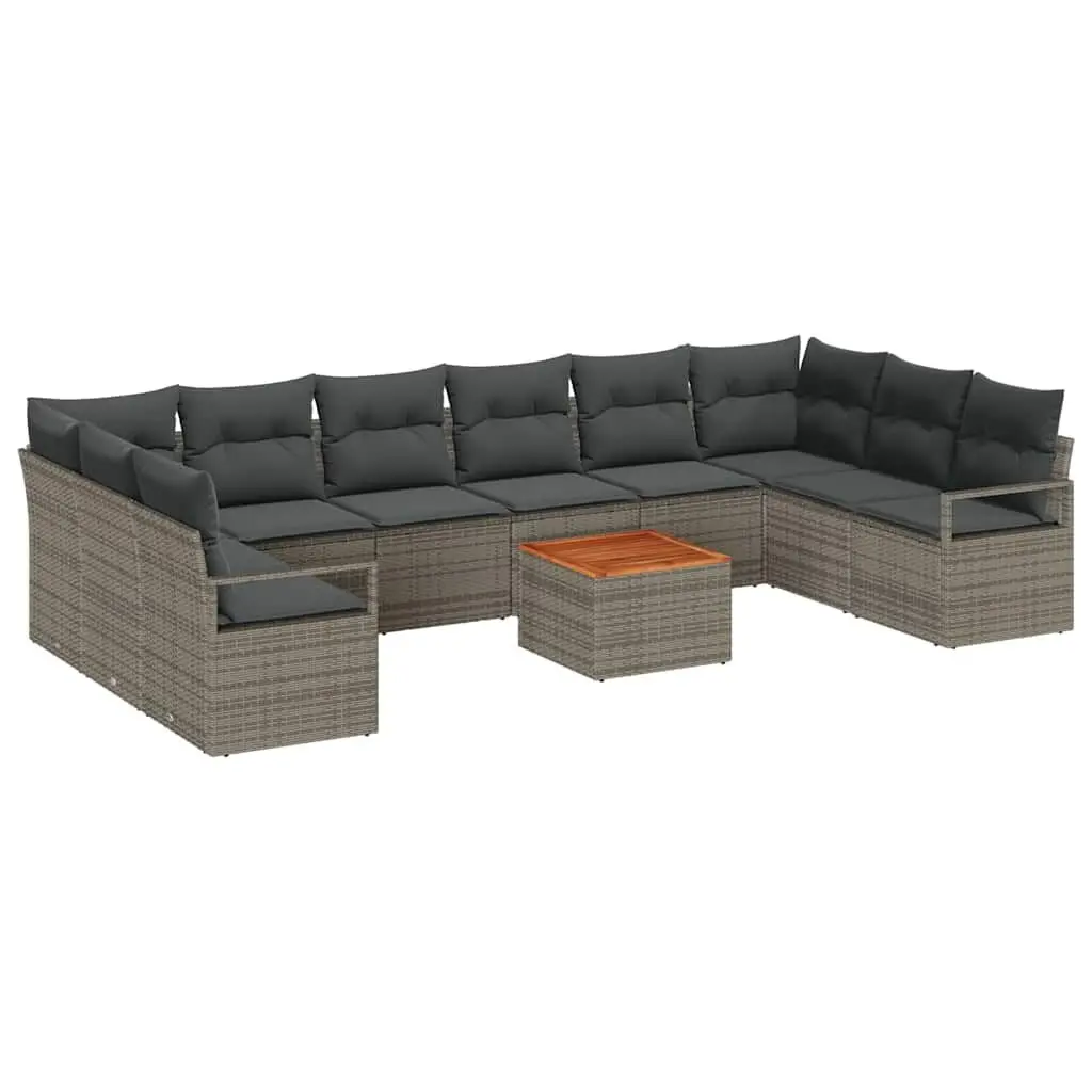 Modular Garden Sofa Set Poly Rattan Acacia Wood 11 Pieces Grey Outdoor Sectional Furniture