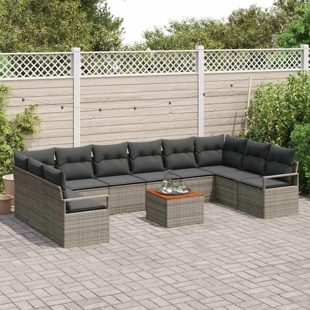 Modular Garden Sofa Set Poly Rattan Acacia Wood 11 Pieces Grey Outdoor Sectional Furniture