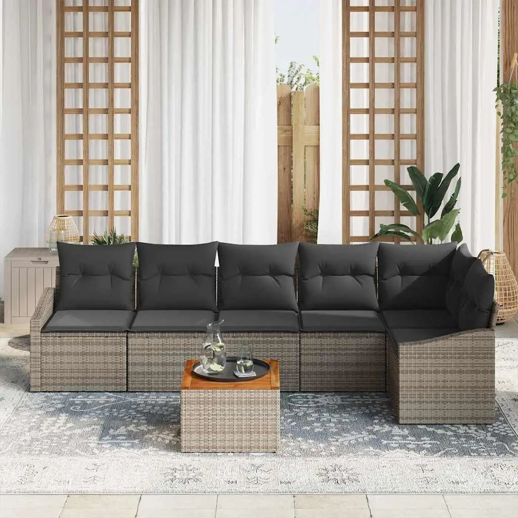 Modular Garden Sofa Set 7 Piece Grey Poly Rattan with Solid Acacia Wood Surface and Powder Coated Steel Support