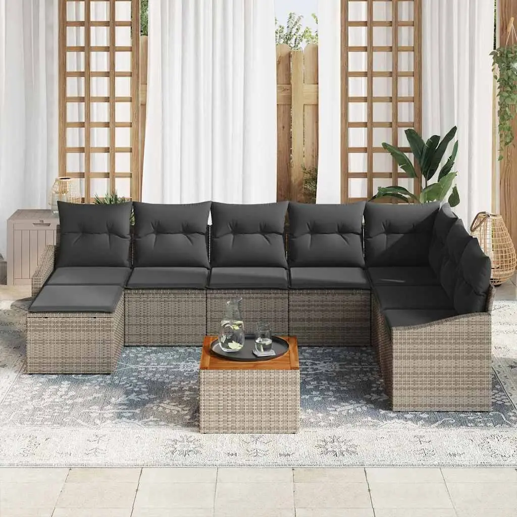 Garden Sofa Set Modular Poly Rattan 9 Pieces Outdoor Furniture Grey Acacia Wood