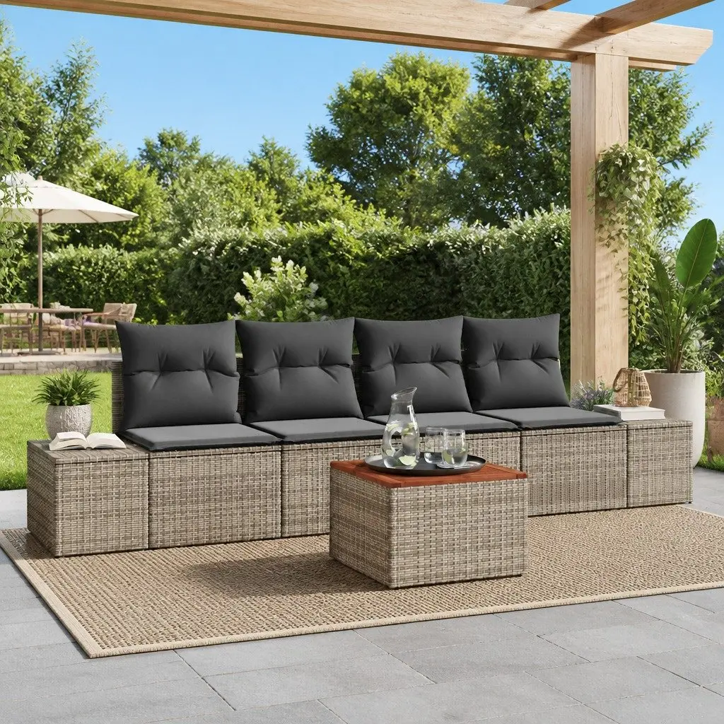Outdoor Garden Sofa Set Modular Poly Rattan 5 Piece Grey with Acacia Wood Tabletop and Steel Frame