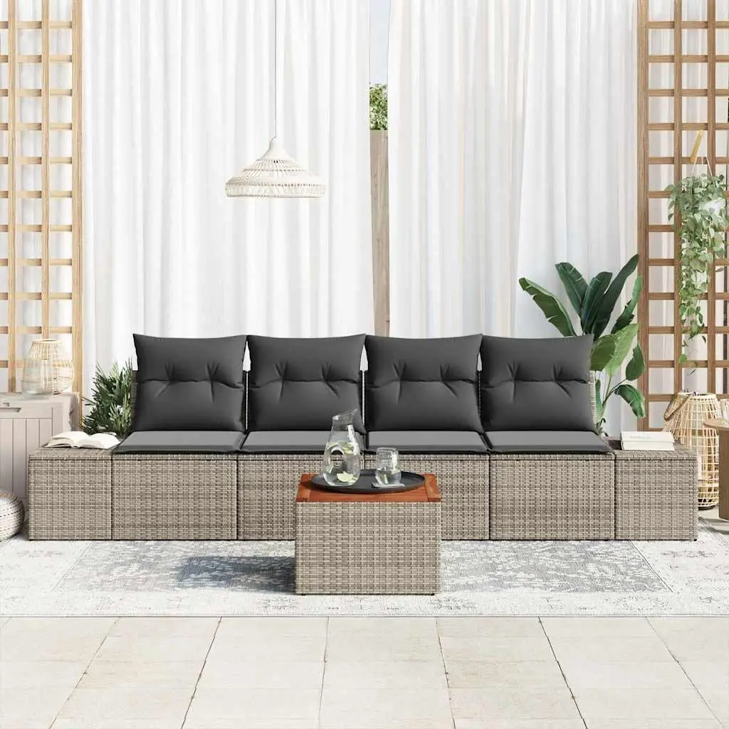Outdoor Garden Sofa Set Modular Poly Rattan 5 Piece Grey with Acacia Wood Tabletop and Steel Frame