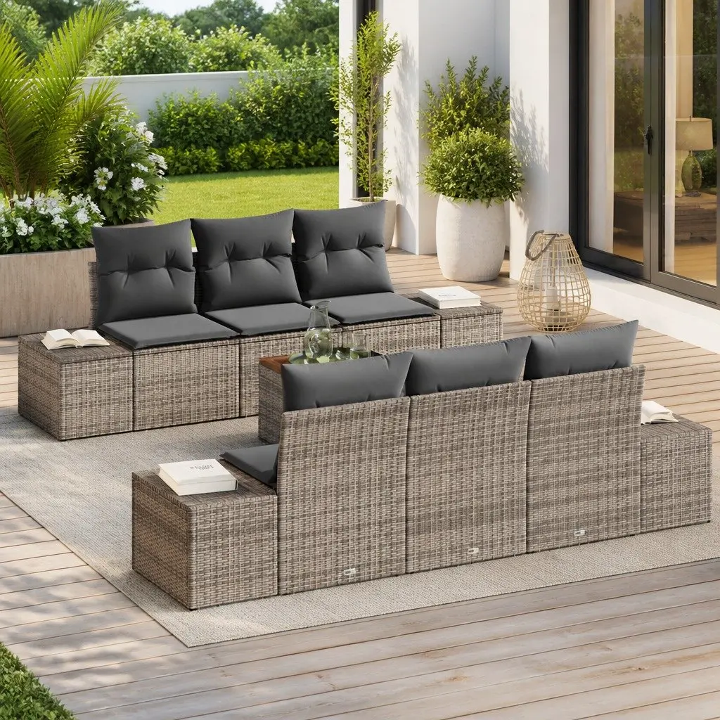 Garden Sofa Set Modular Poly Rattan 7 Piece Grey with Acacia Wood Frame